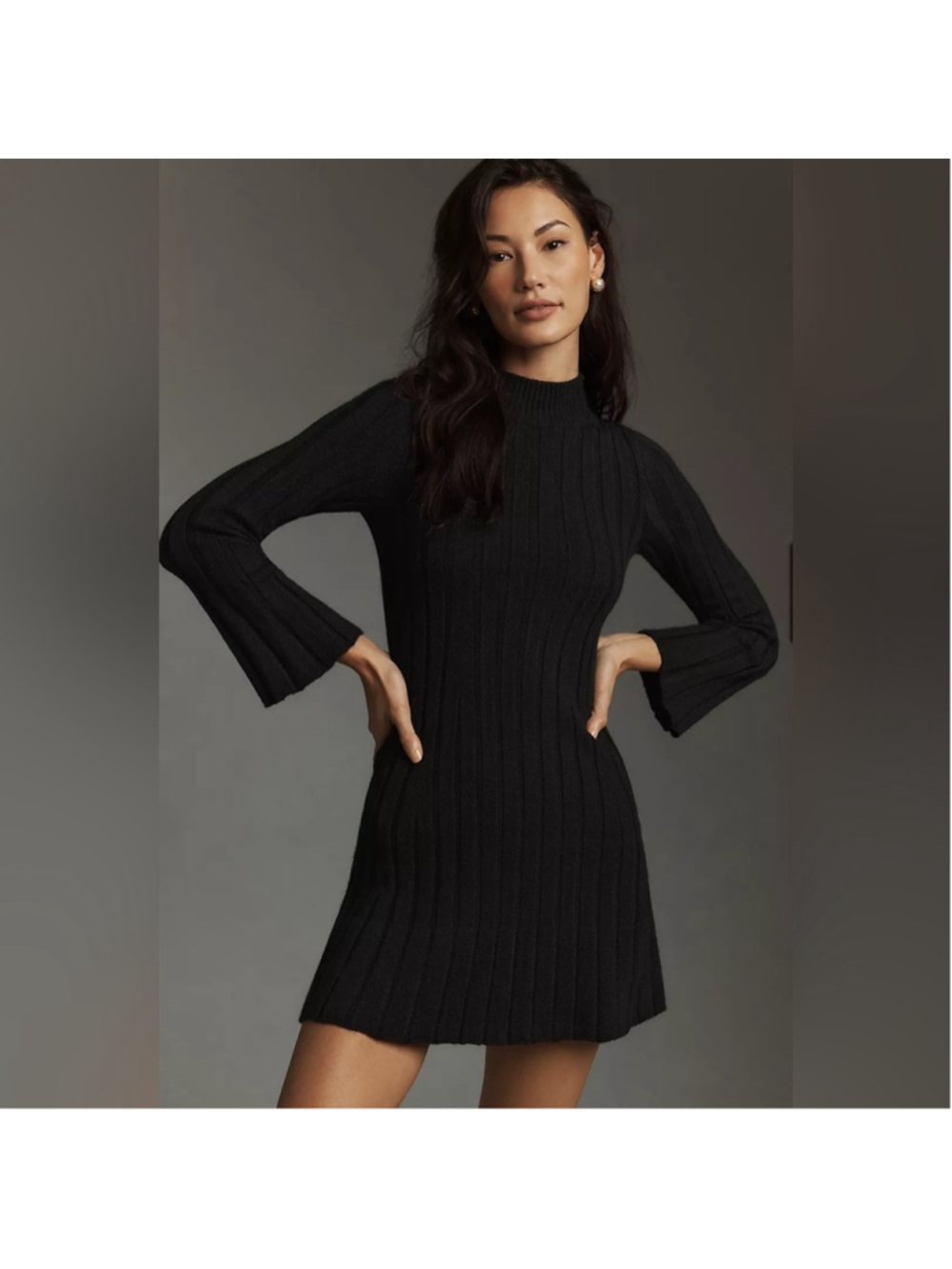 By Anthropologie Long-Sleeve A-Line Sweater Mini Dress XS Black Knit